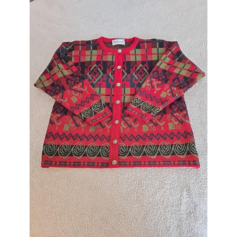 Vtg Edinburgh Womens Red‎ Green Cardigan Sweater Holiday Christmas  Scotland